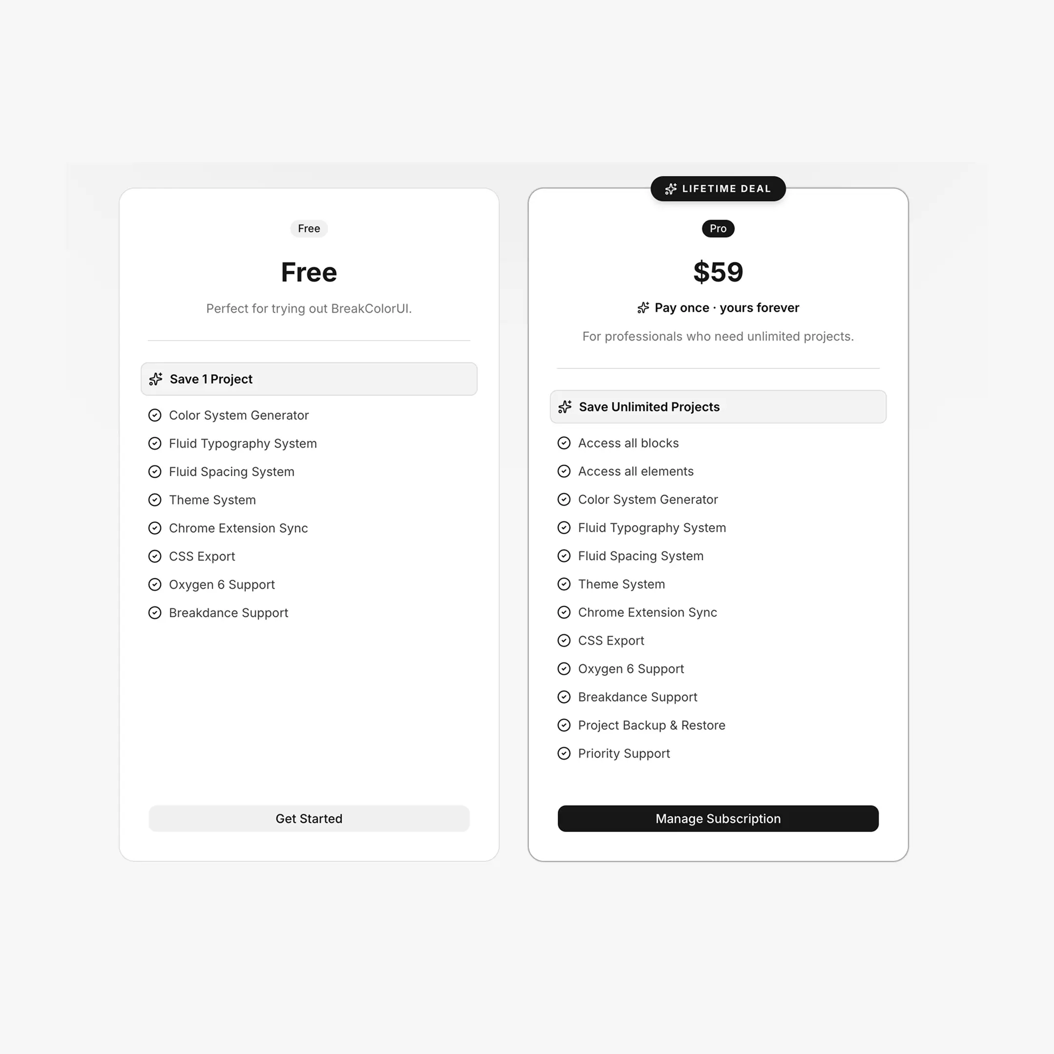 Pricing page on /pricing showing Free vs. Pro side by side with the "Lifetime Deal" badge