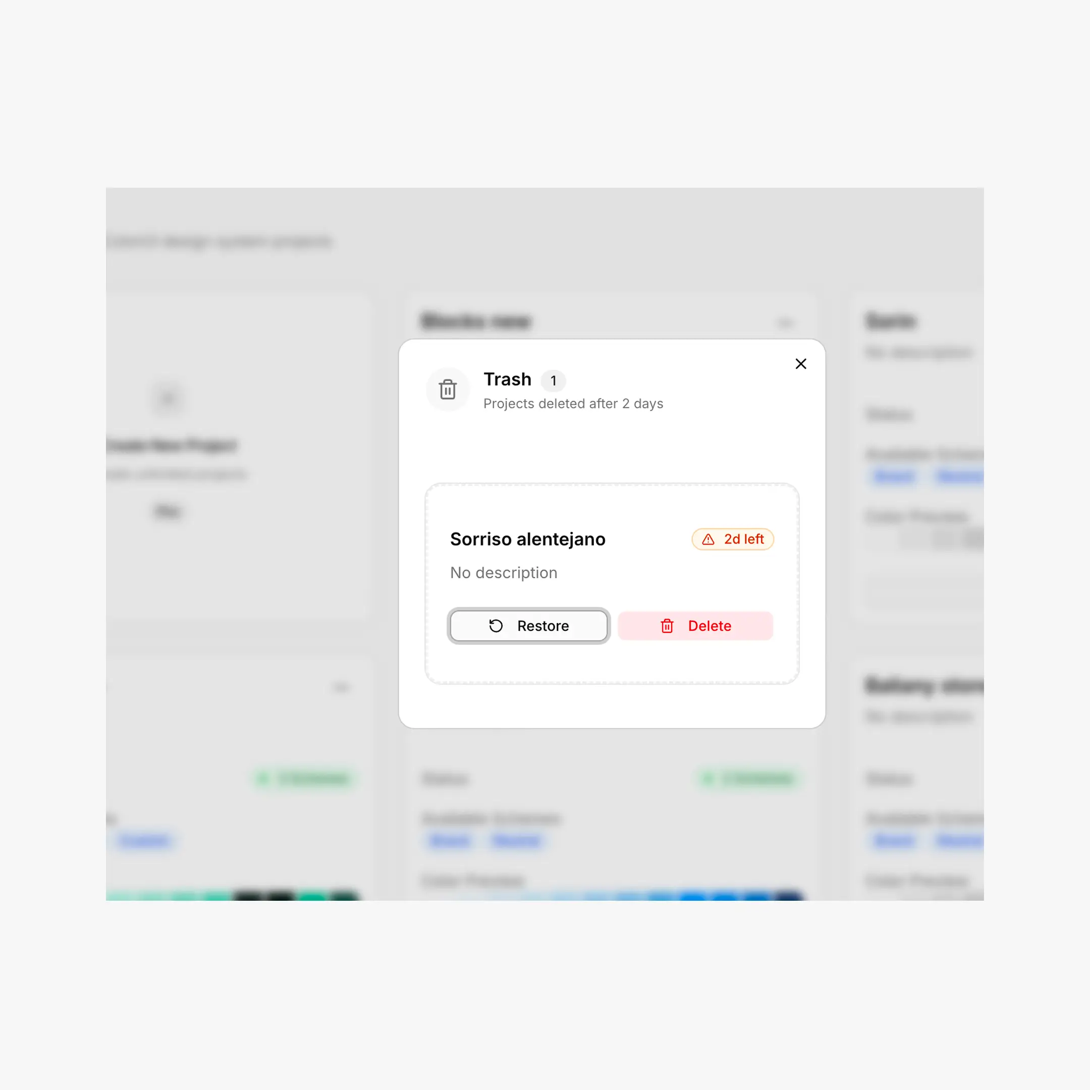 Trash dialog open showing one or more soft-deleted projects with days-remaining badges and Restore/Delete buttons