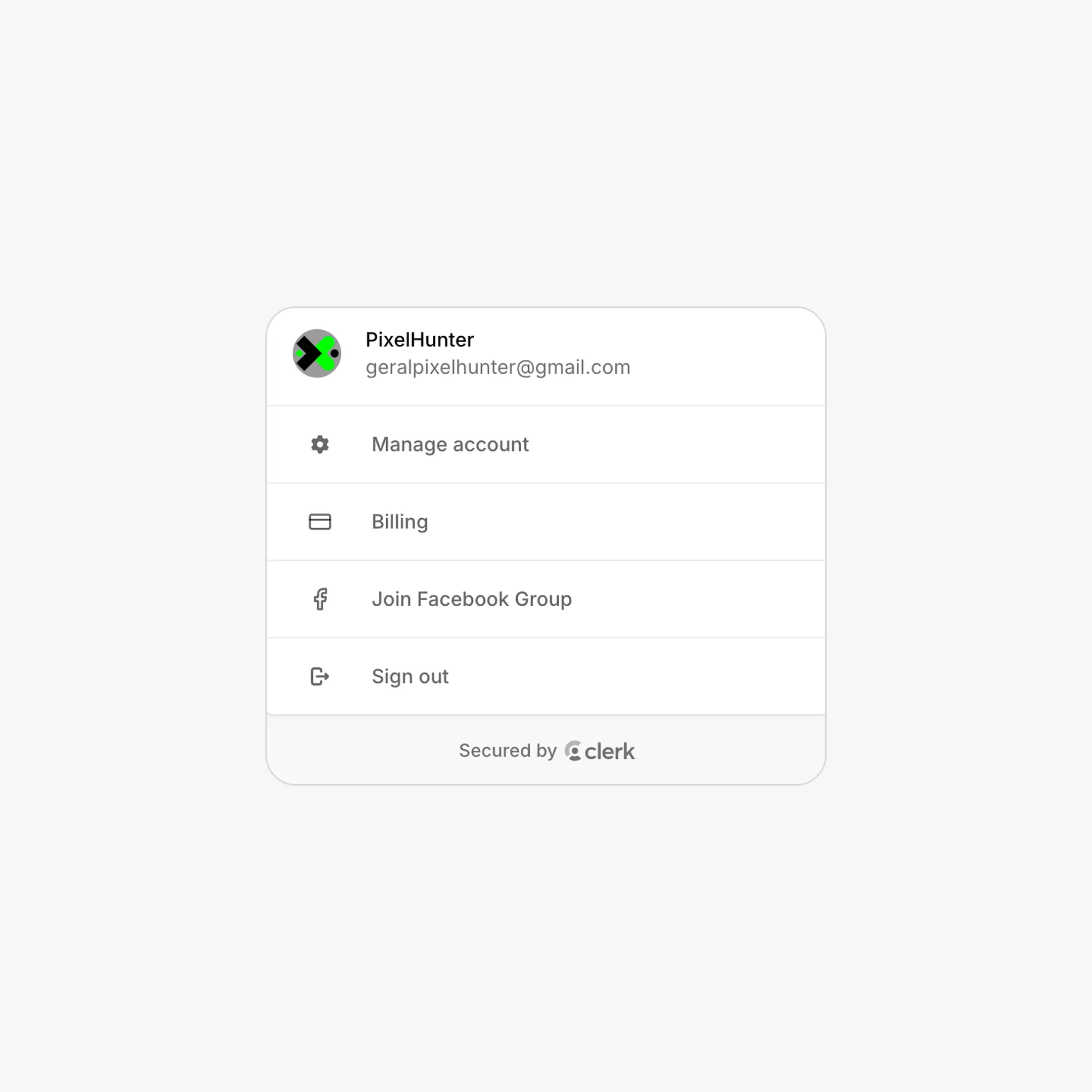 Avatar dropdown menu in the navbar showing Manage account, Billing, Join Facebook Group, and Sign out items