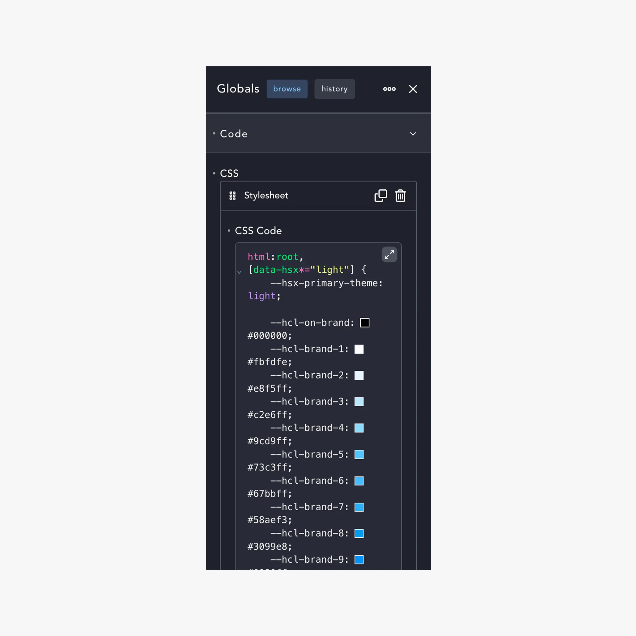 Breakdance "Global Settings → Custom CSS" panel with a block of pasted --hcl-* variables visible
