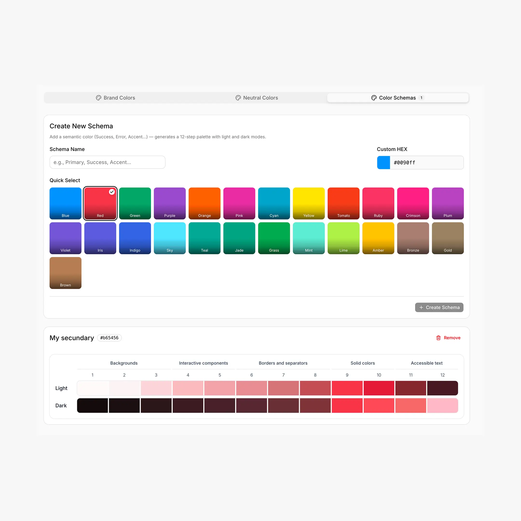 Color Schemas tab — Create card with Name + HEX, Quick Select grid, list of existing schemas below