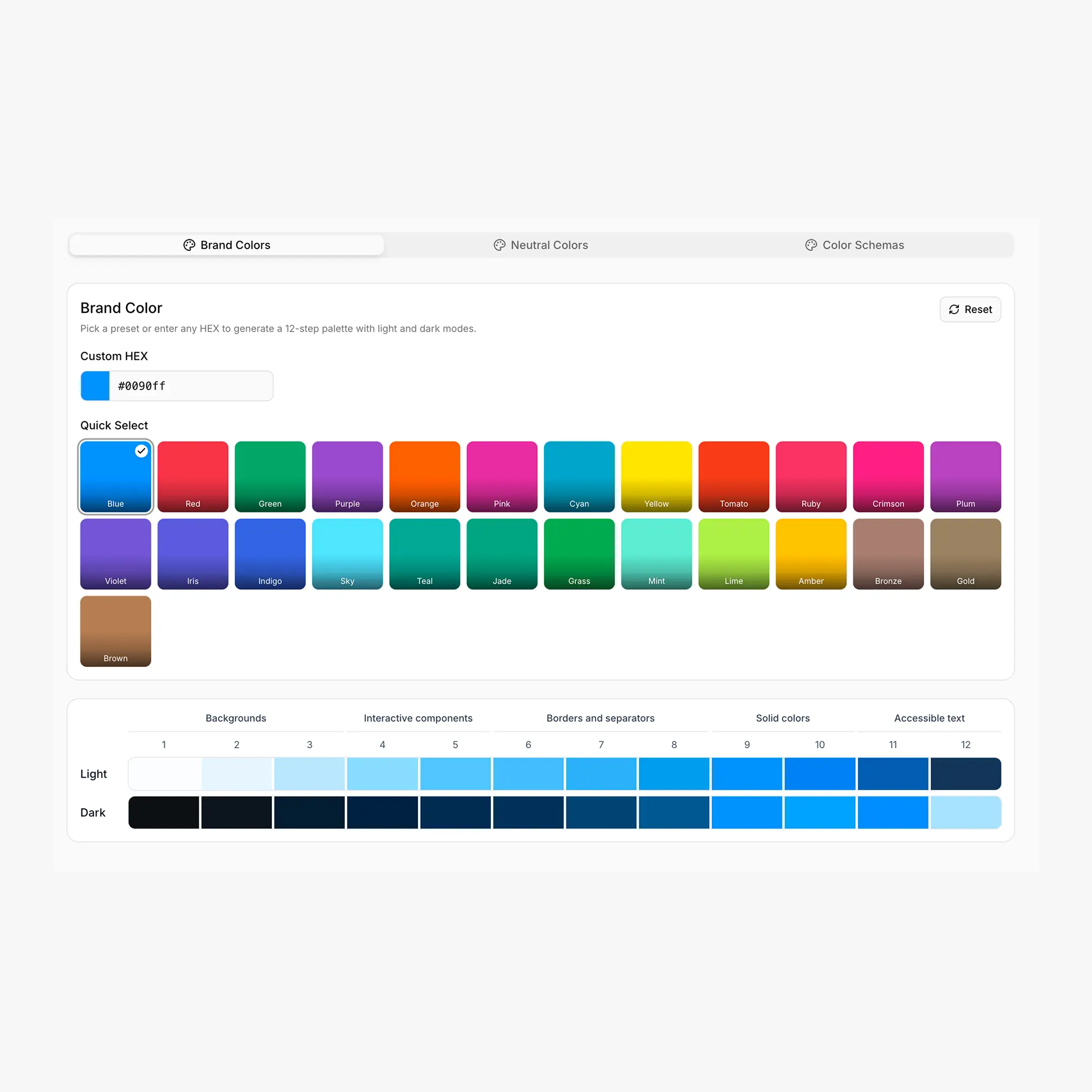 Colors tab in dashboard, brand picker + generated 12-step grid