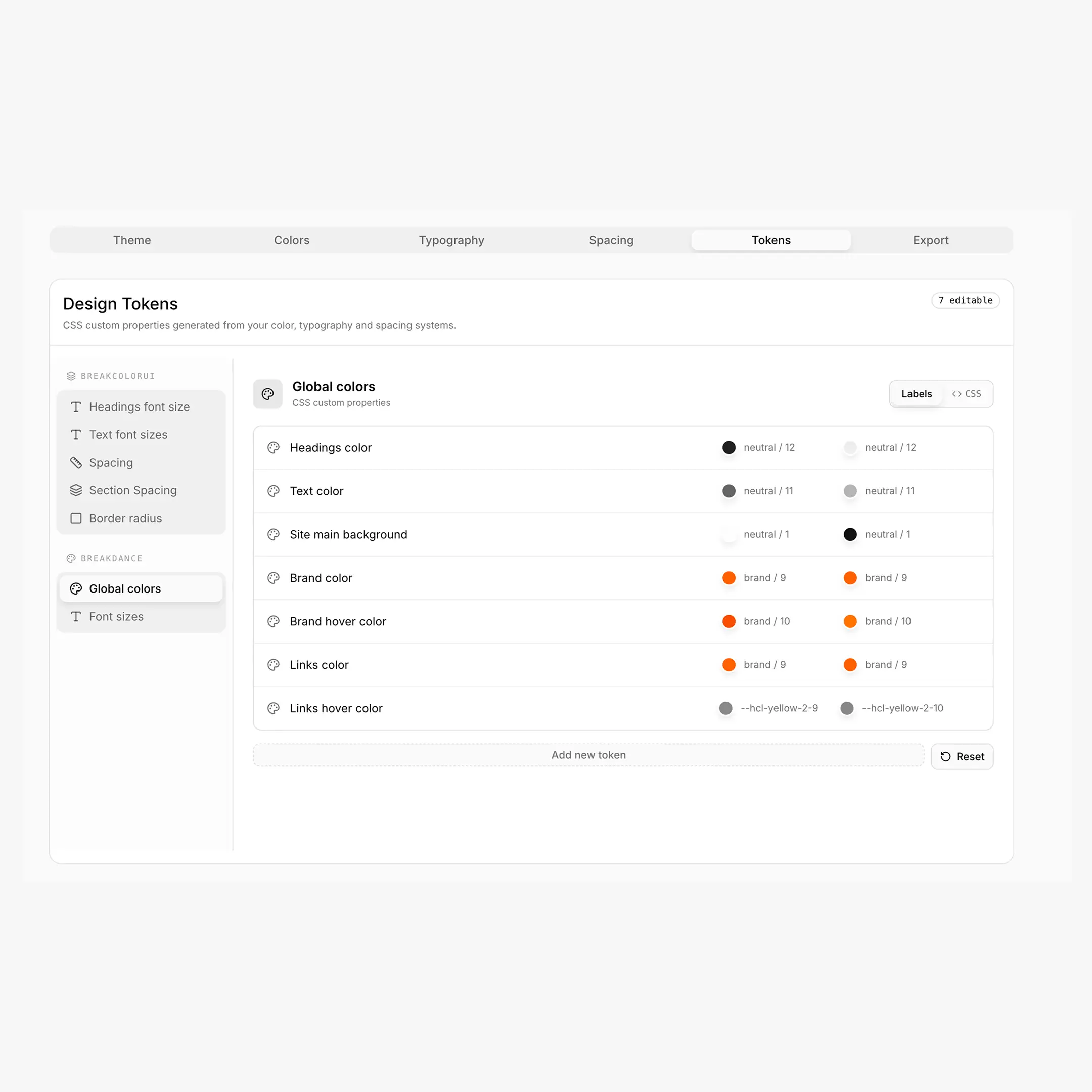 Breakdance → Global Colors panel with the default 7 tokens, the Light/Dark color picker, and a custom token row
