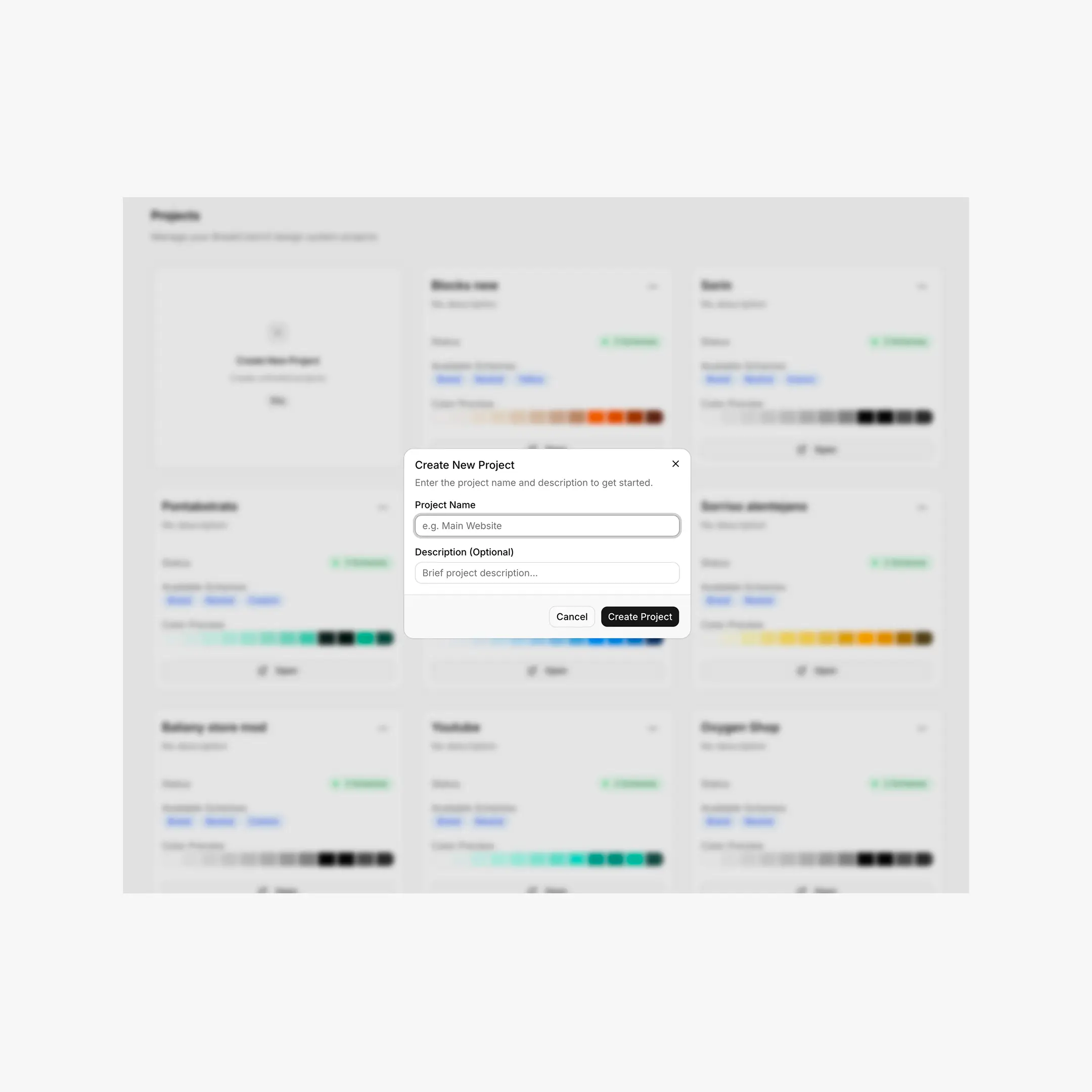 Dashboard projects grid showing the dashed Create New Project card and the create-project modal open