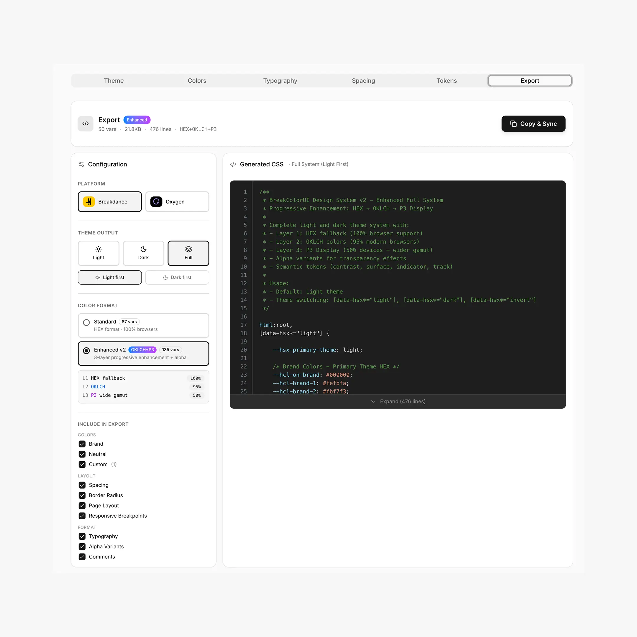 Export tab overview, with action bar (Copy & Sync button) at top, configuration sidebar on the left, CSS preview on the right