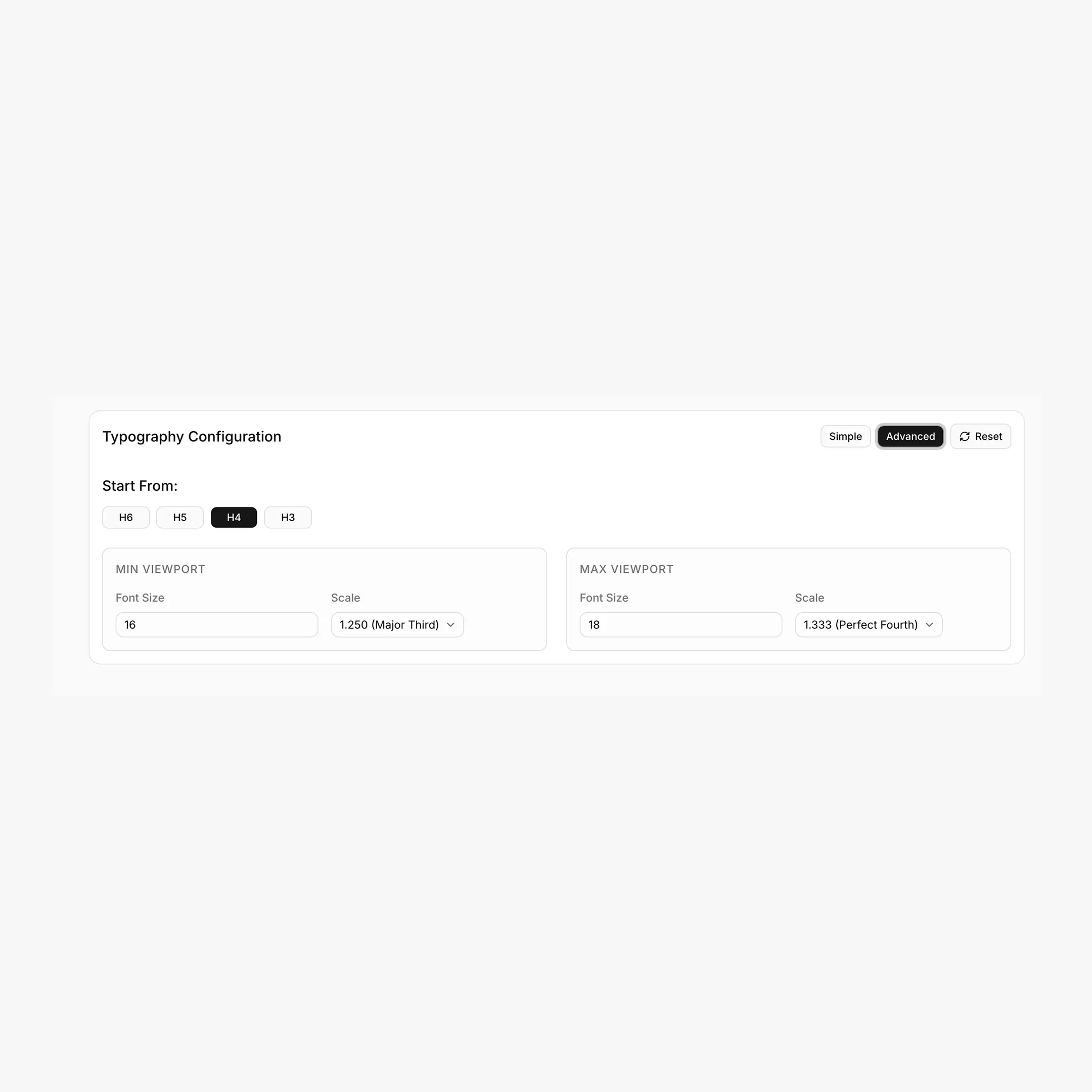 Typography tab in Advanced mode showing min/max viewport inputs and the Start From buttons