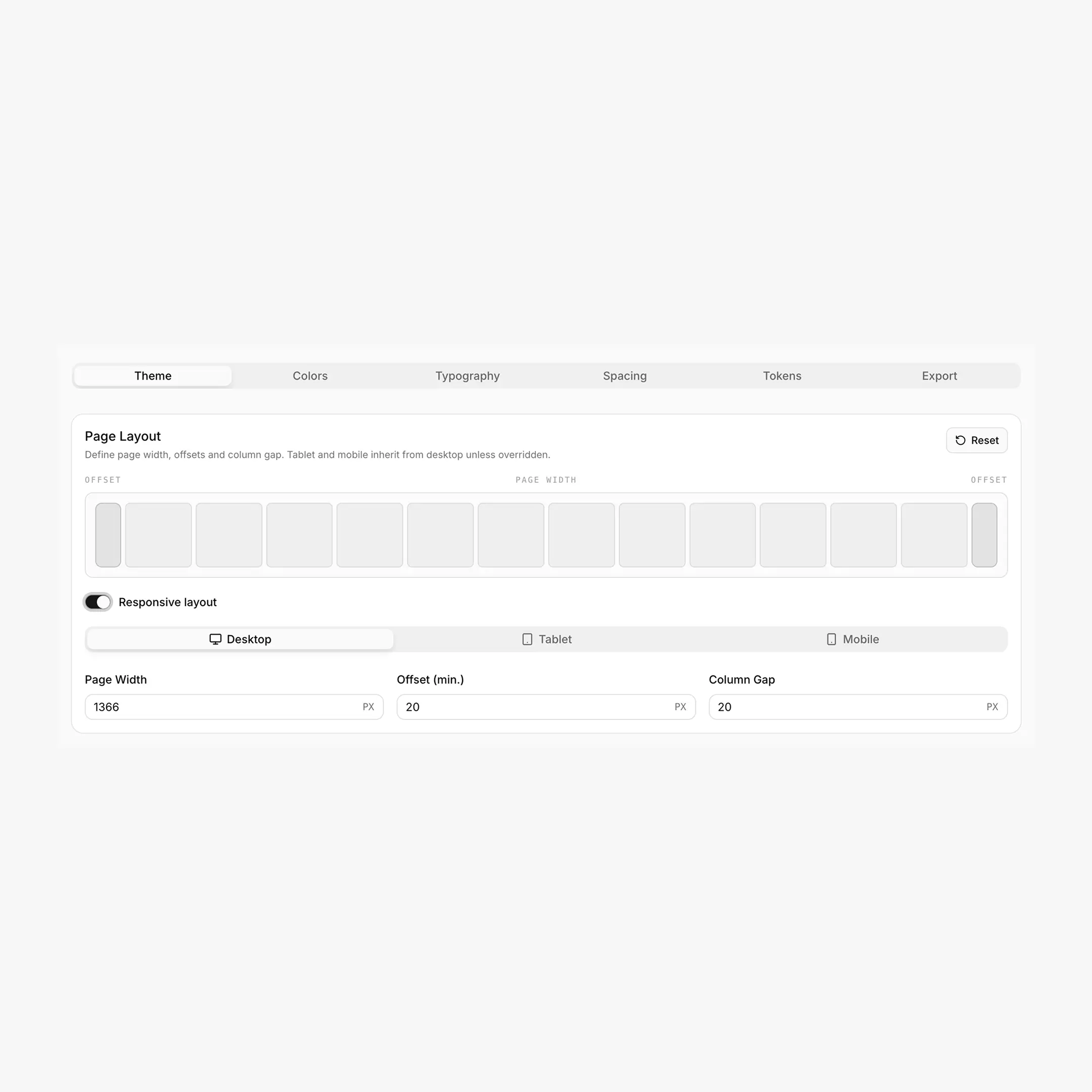 Theme tab — Page Layout card with the Desktop / Tablet / Mobile tabs and the inheritance dots