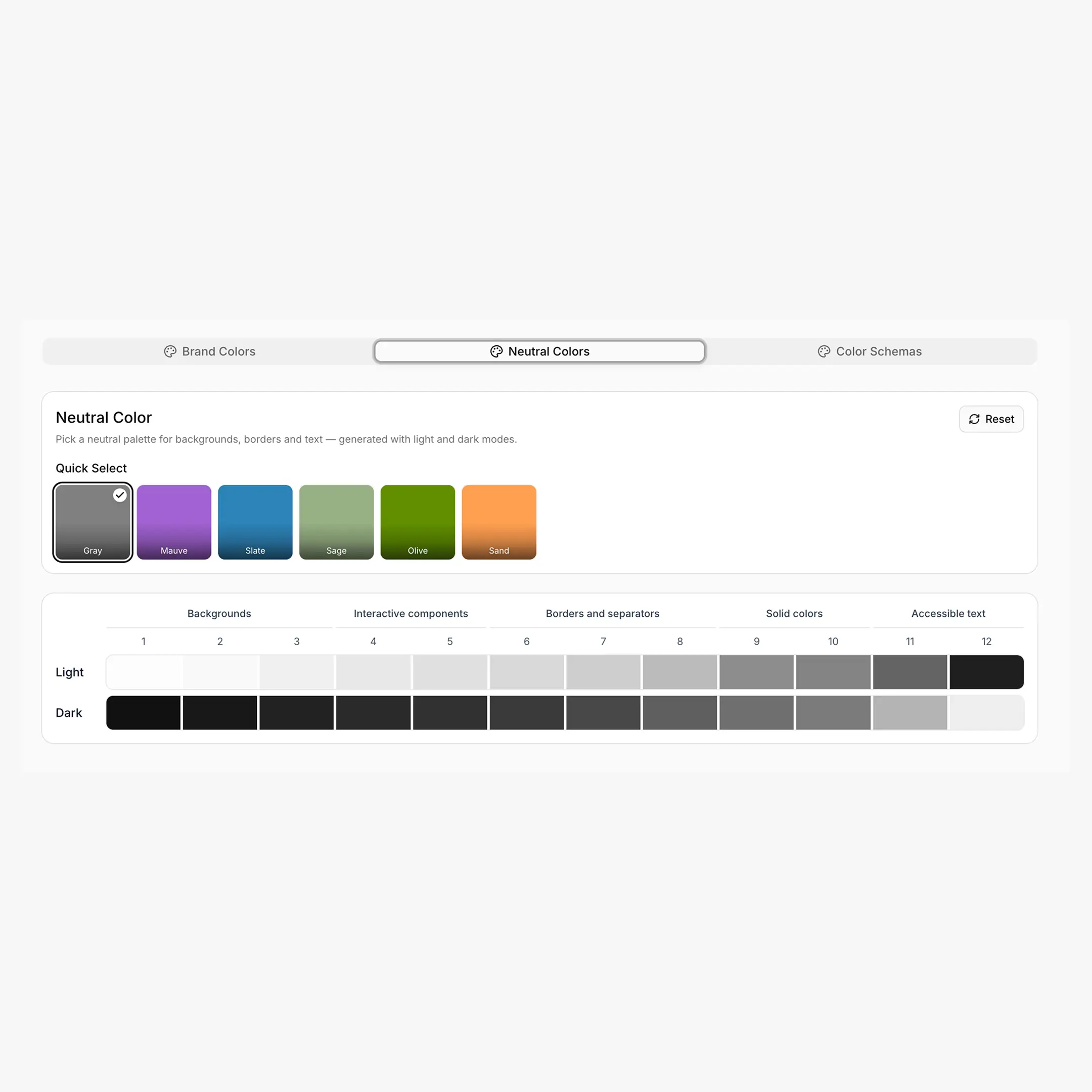 Neutral tab showing the six swatch buttons with one selected