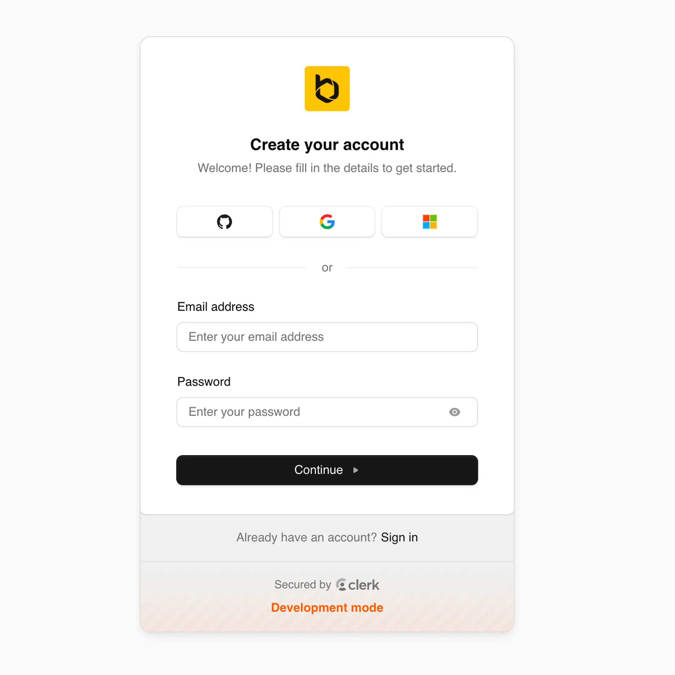 Clerk sign-up form on /sign-up showing both Continue with Google button and email/password fields