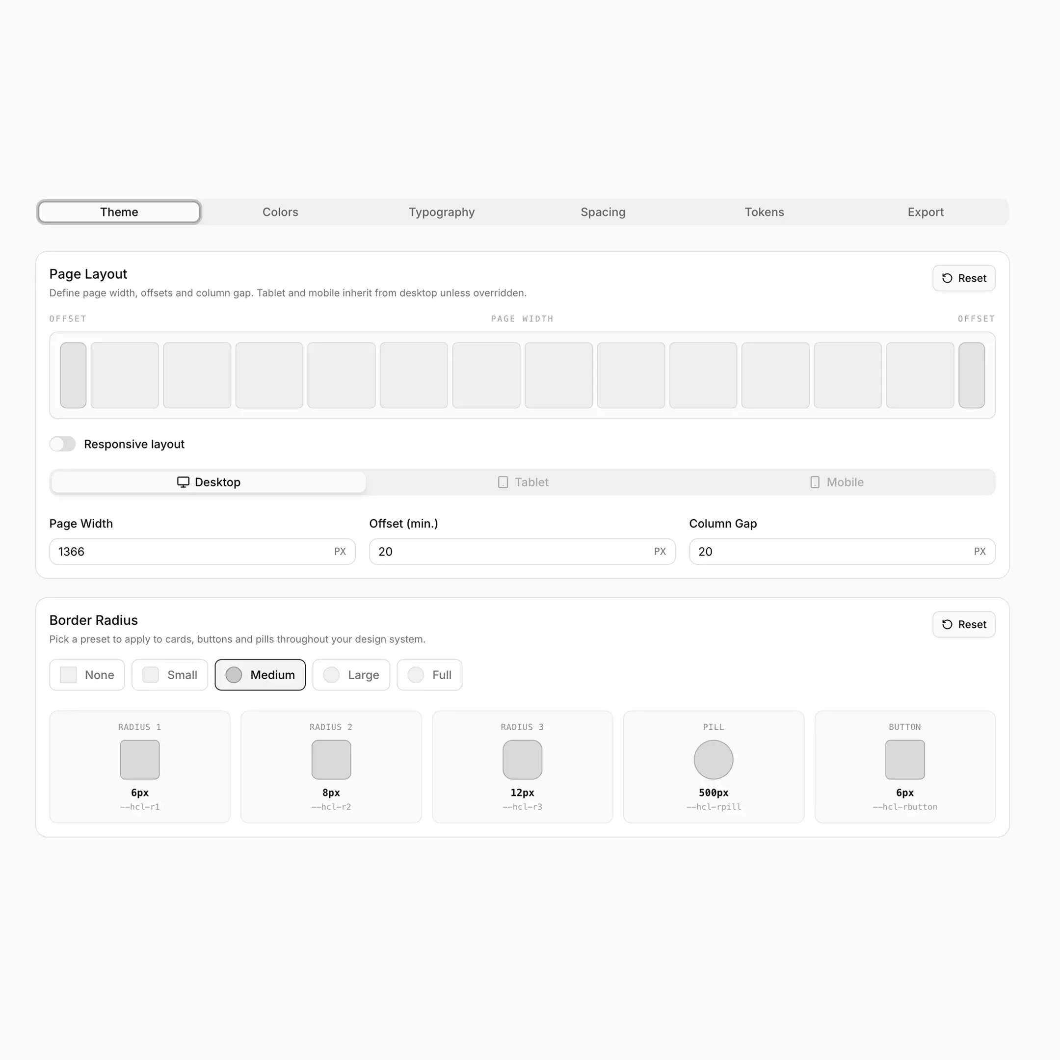 Project editor showing the six tabs (Theme, Colors, Typography, Spacing, Tokens, Export) with one tab active