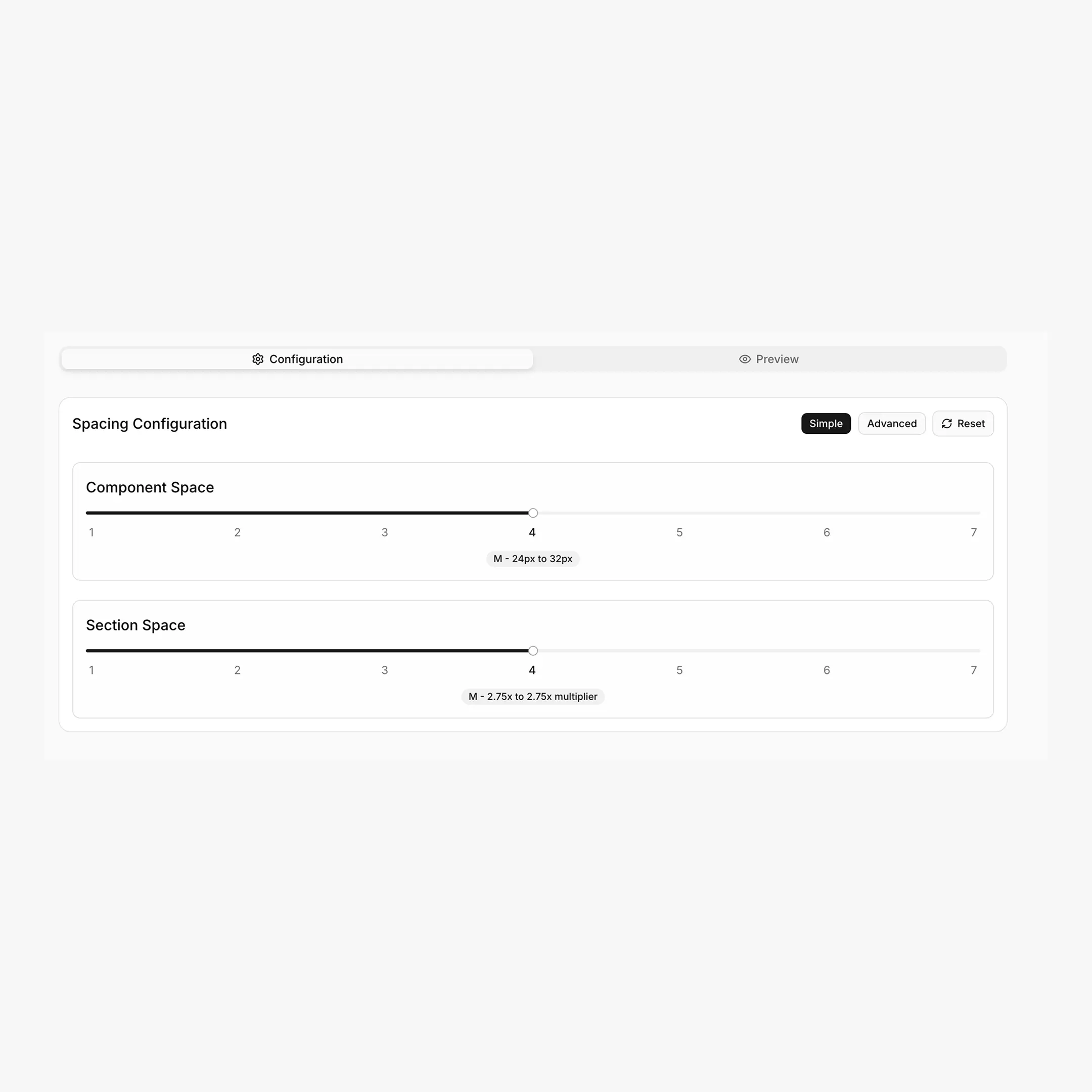 Spacing tab in Simple mode with both Component and Section sliders