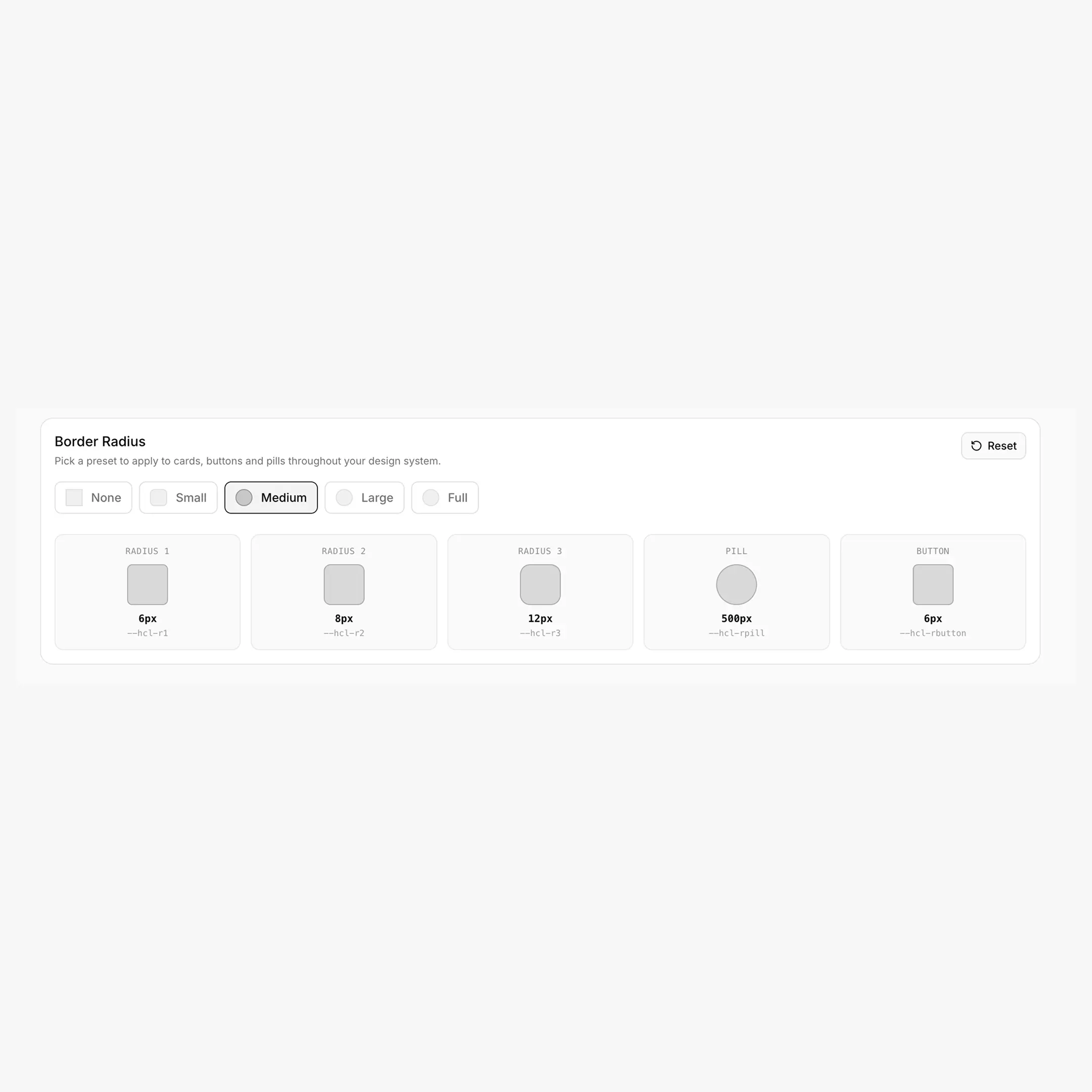 Theme tab — Border Radius card showing the 5 presets and the radius preview tiles