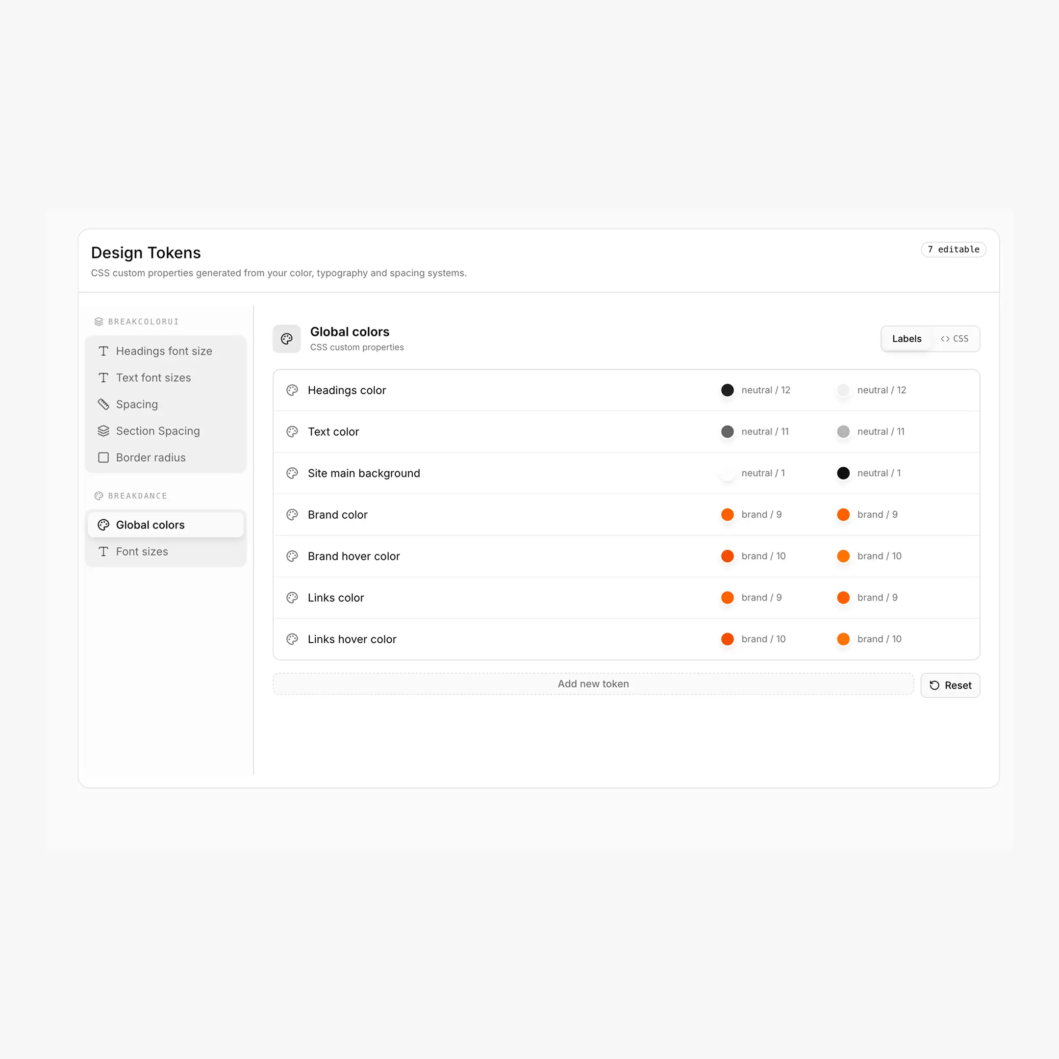 Tokens tab with the Breakdance and BreakColorUI sidebar collections