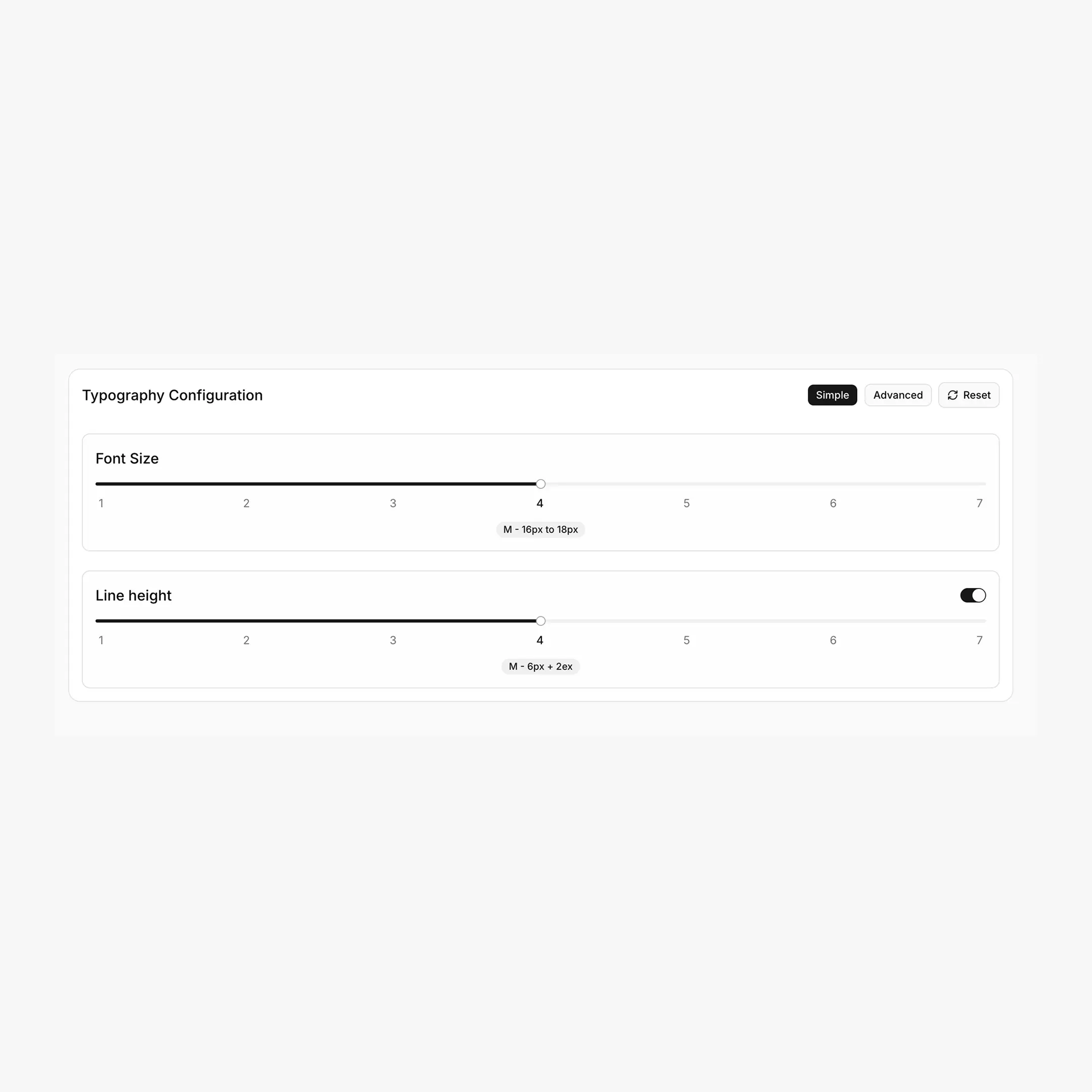 Typography tab in Simple mode showing the slider, current step badge, and live preview