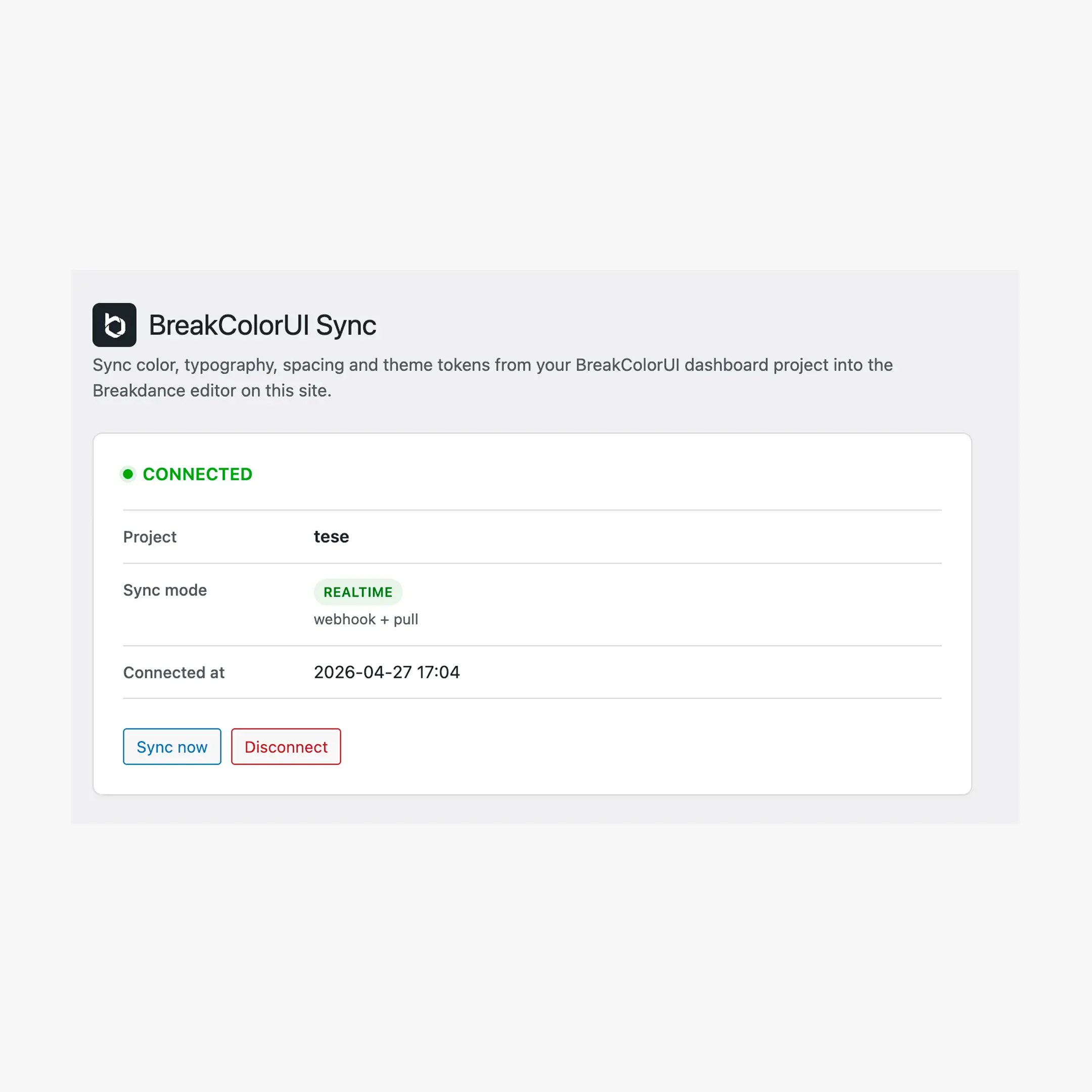 WordPress admin sidebar showing the "BreakColorUI" top-level menu, with the connected status card on the right